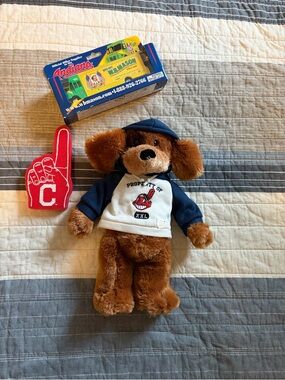 Cleveland Indians Plush Dog in Hoodie, foam finger and toy truck